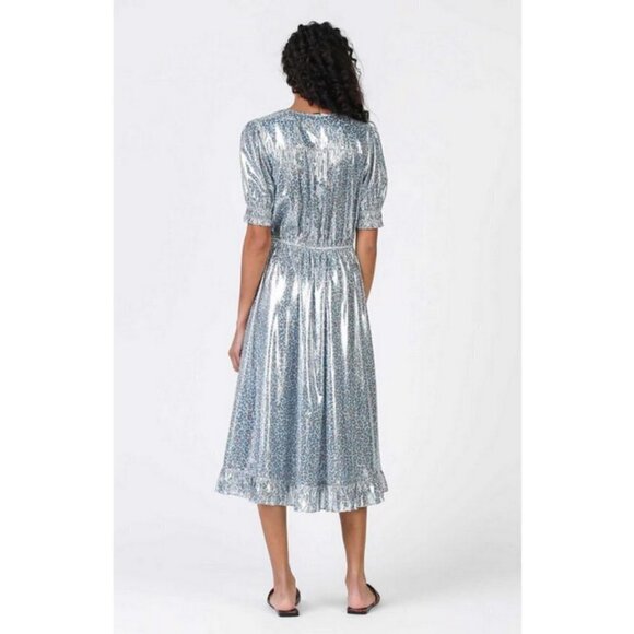 💕CURRENT AIR💕 Metallic Shine Midi Dress Shiny Blue Leopard Print Medium M NWT - Picture 4 of 15